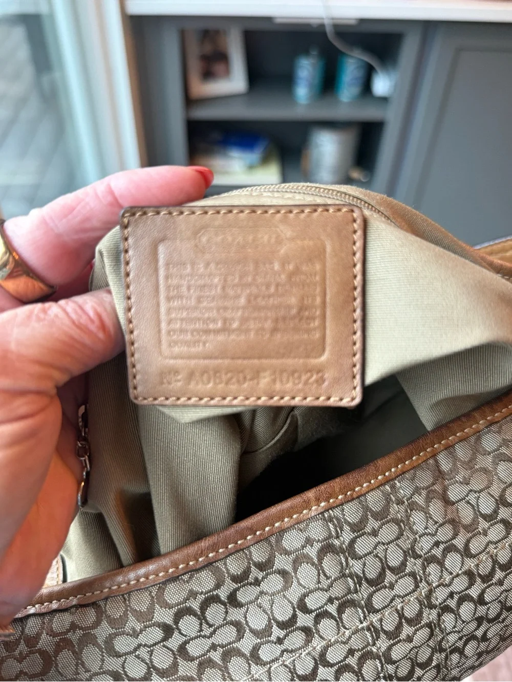 Coach Brown Signature Canvas Shoulder Bag with Tan Leather Trim